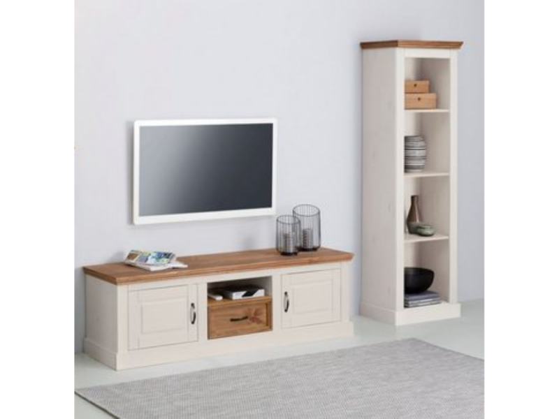 Rack com 1,60 metros com 1 gaveta 2 portas e nicho para sala de Tv na cor branco lavado e cera / Coleção England